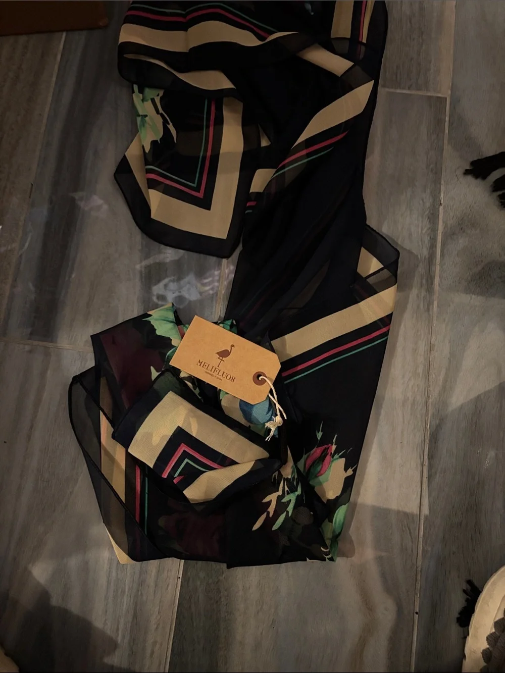 Floral Silk-Feel Black Scarf